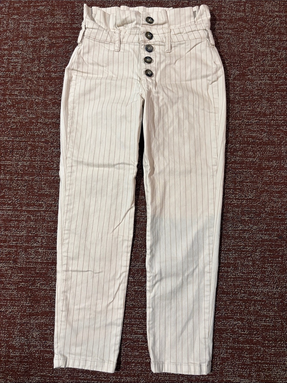 Free people trouser cropped cream pinstripe ruffle waist button fly straight leg